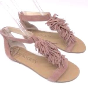 SOLE SOCIETY 'Koa' Fringe T-Strap Flat pink suede Sandals Size 8.5